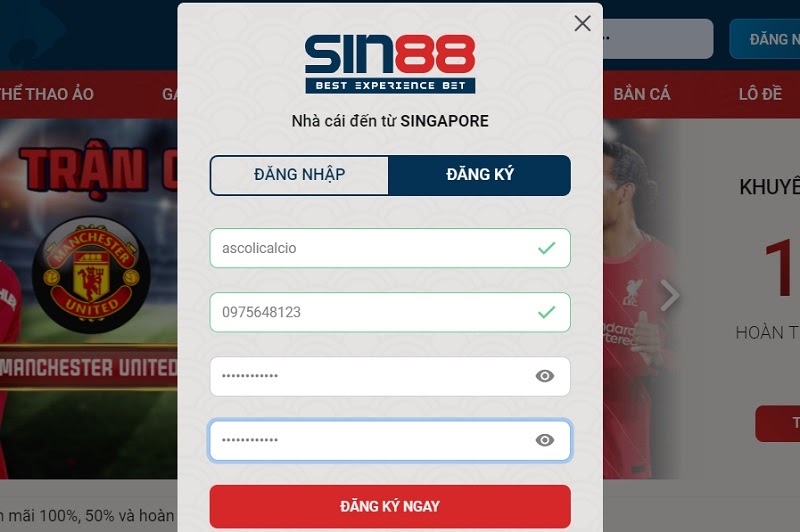 Biểu mẫu đăng ký tài khoản chính chủ tại nhà cái Sin88