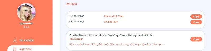 Thông tin tài khoản ví điện tử Momo của nhà cái May88